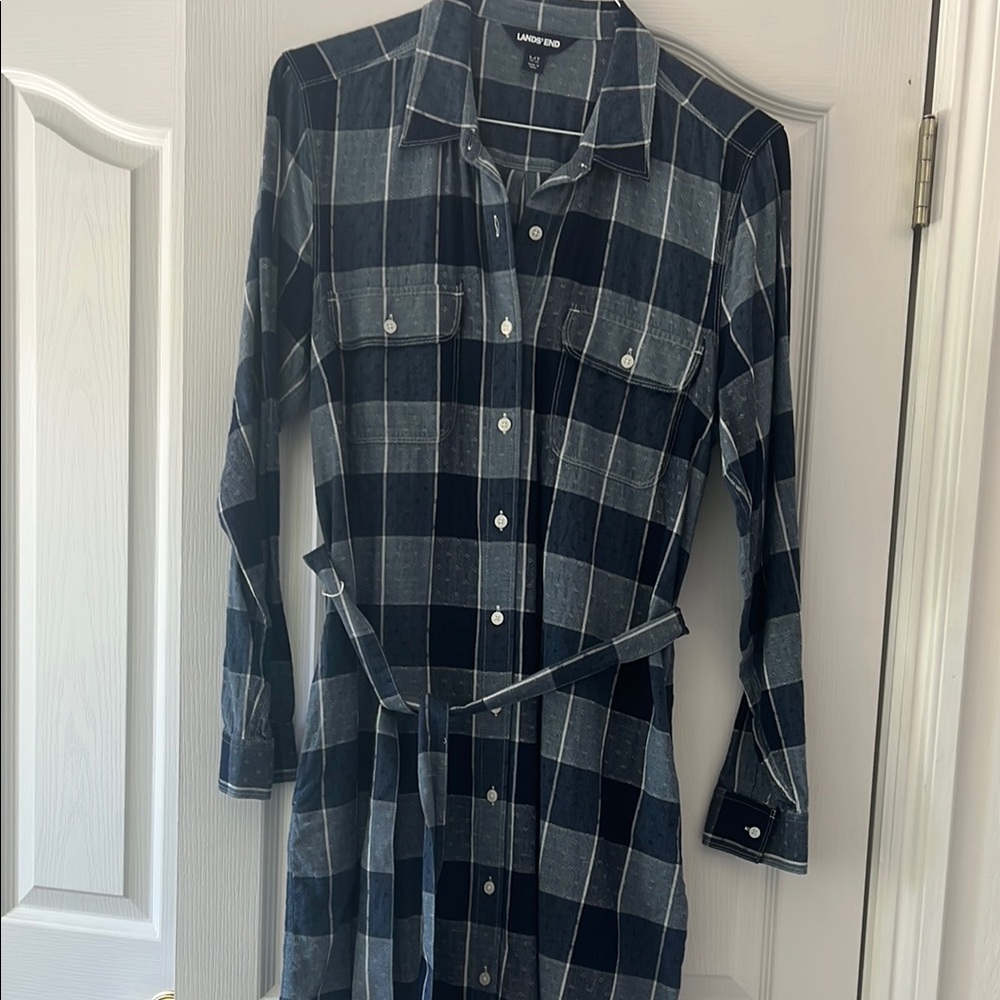 Lands' End Blue Long Sleeve Notched Collar Cotton Dress
